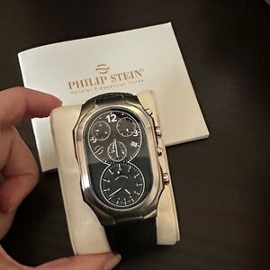 Philip Stein Men’s Black Dial Dual-Time Stainless Watch